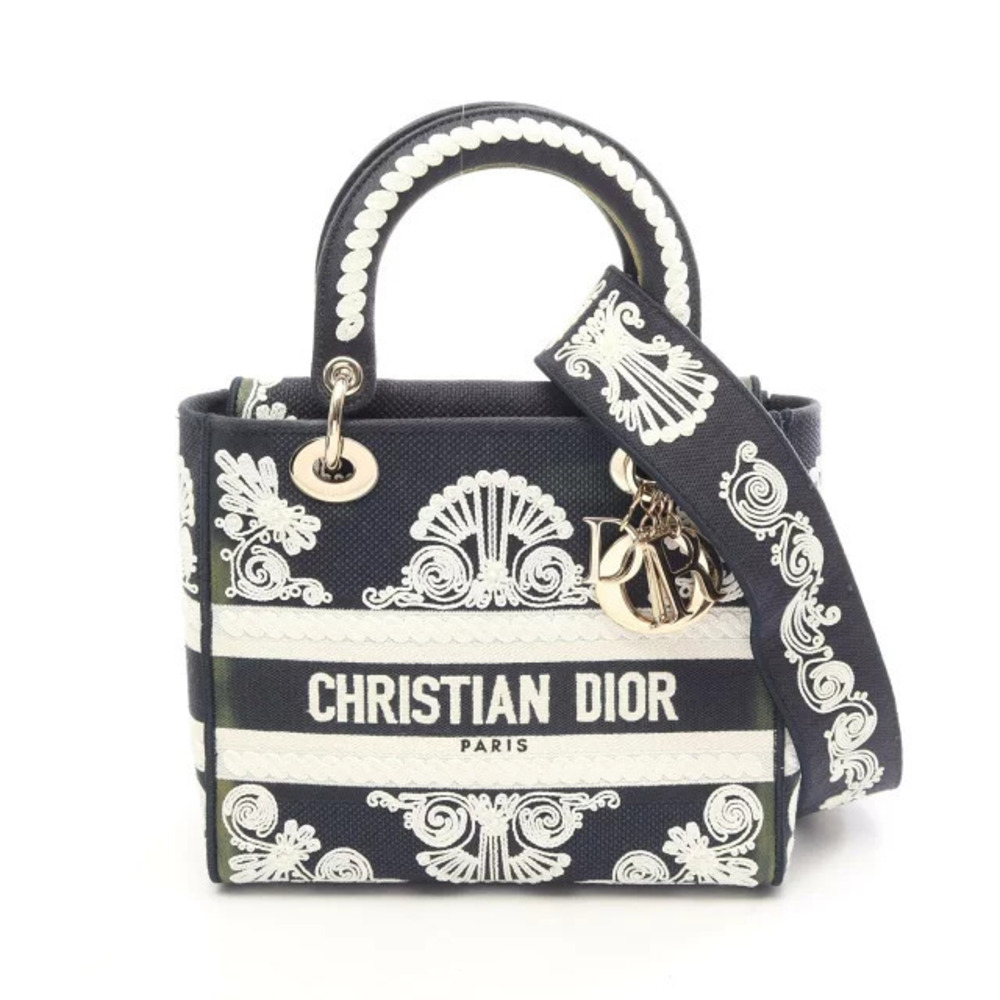 Christian Dior Lady Lite Cornelie Handbag Canvas Navy Blue White